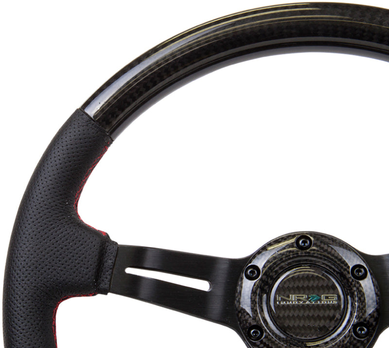 NRG Carbon Fiber Steering Wheel (350mm /1.5in. Deep) Leather Trim w/Red Stitch & Slit Cutout Spokes