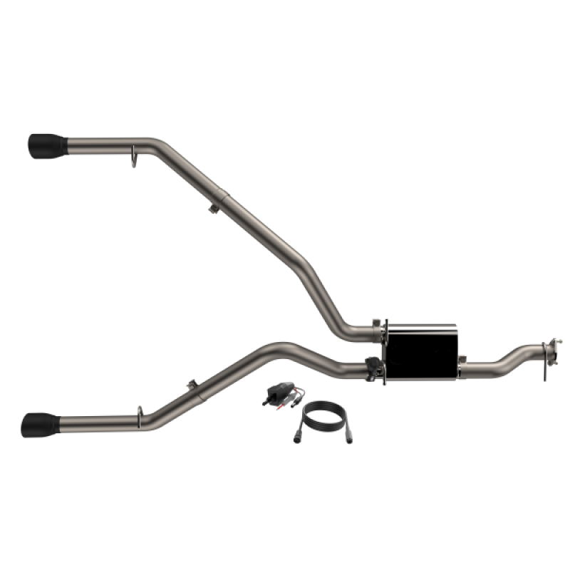 QTP 2019-2024 Ram 1500 Screamer Cat Back Exhaust system with a rear split design and dual black tips for enhanced performance.