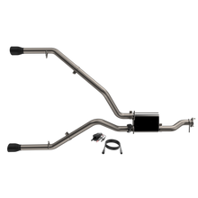 Load image into Gallery viewer, QTP 2019-2024 Ram 1500 Screamer Cat Back Exhaust system with a rear split design and dual black tips for enhanced performance.