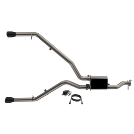 QTP 2019-2024 Ram 1500 Screamer Cat Back Exhaust system with a rear split design and dual black tips for enhanced performance.