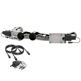 QTP 2015-2023 Dodge Challenger, Charger & Chrysler 300C 6.2, 6.4L Aggressor Cutout Pipes featuring a polished finish with wiring and components.