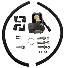PureFlow Raptor 98.5-02 Dodge 5.9L Cummins FRRP-150 Factory Replacement Fuel Pump with Big Line Kit by AirDog, showcasing the fuel pump and accompanying installation parts including hoses and fittings.