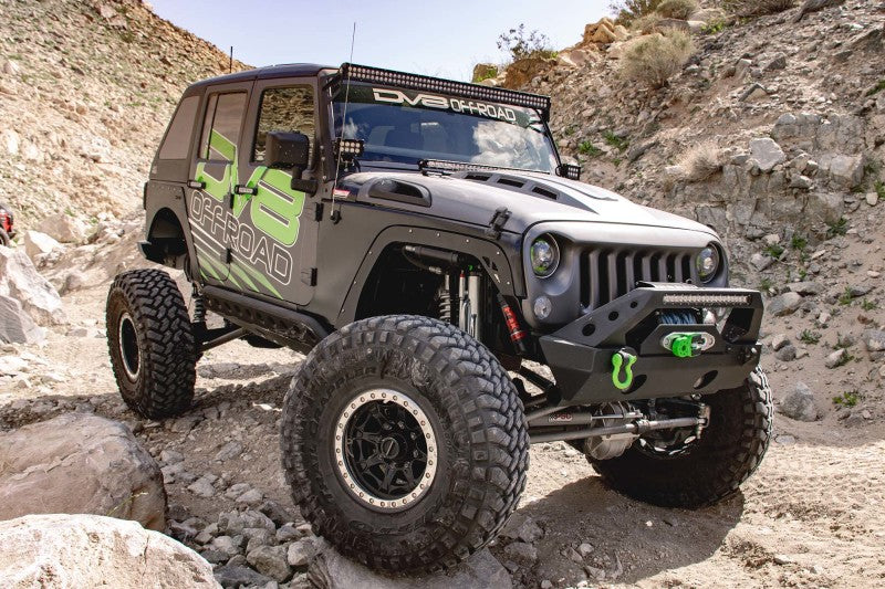 DV8 Offroad logo displayed prominently on the hood of a Jeep Wrangler JK equipped with a Metal Heat Dispersion Hood.