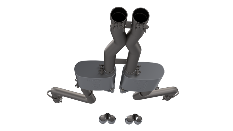 QTP Screamer Cat Back exhaust components for 2015-2023 Dodge Challenger 6.2/6.4L, showcasing the exhaust tips and muffler design.