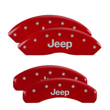 Load image into Gallery viewer, MGP 4 Caliper Covers Engraved Front &amp; Rear Jeep Red Finish Silver Char 2018 Jeep Wrangler