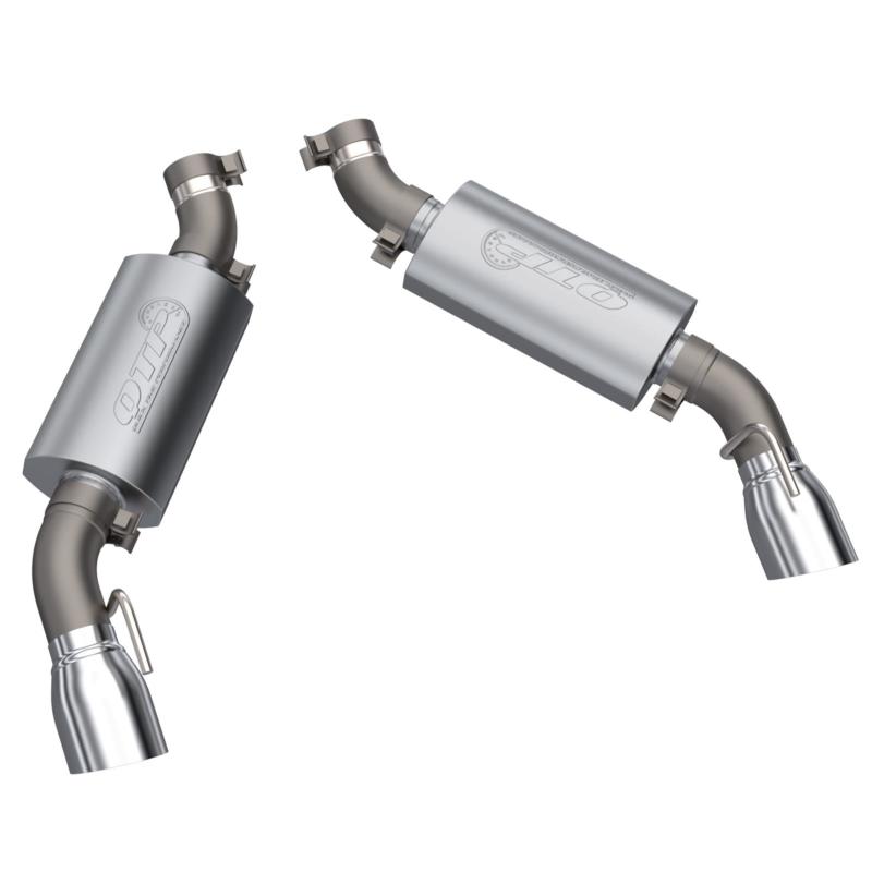 QTP 2016-2024 Chevrolet Camaro SS 6.2L AR3 Axle Back Exhaust featuring a sleek design with stainless steel mufflers.