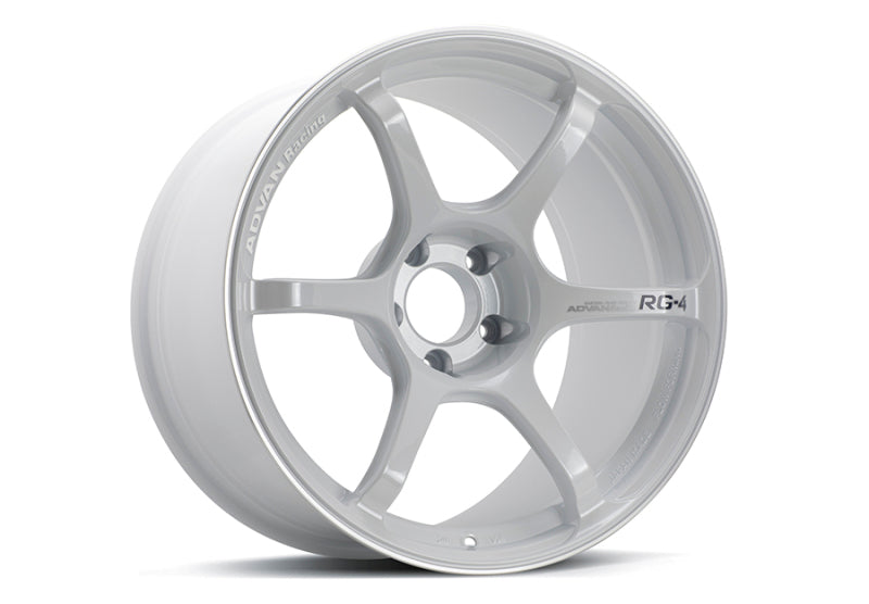 Advan RG-4 18x9 +35 5-114.3 Racing White Metallic & Ring Wheel, showcasing a sleek design with a modern finish by Advan.