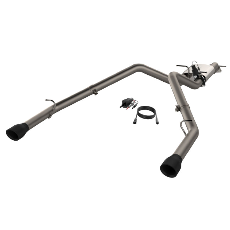 QTP Screamer Cat-Back Exhaust for 2019-2024 Ram 1500 featuring split rear exit with black tips for enhanced performance and stylish look.