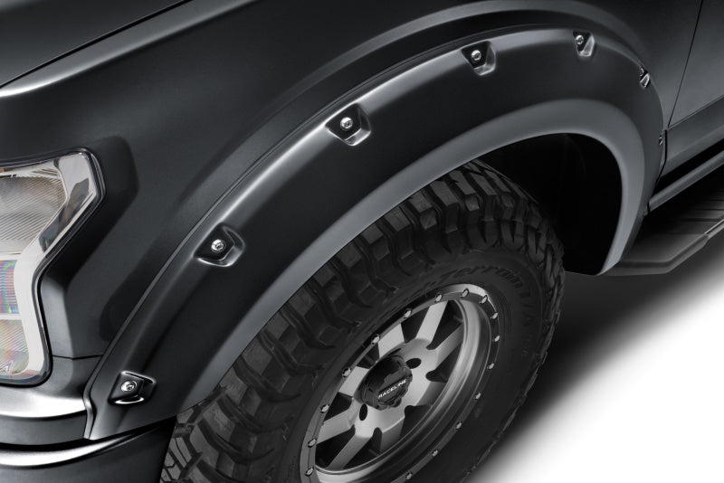 Another angle of the Bushwacker 18-19 Ford F-150 Pocket Style Flares on a black Ford truck, highlighting the stylish and functional design.