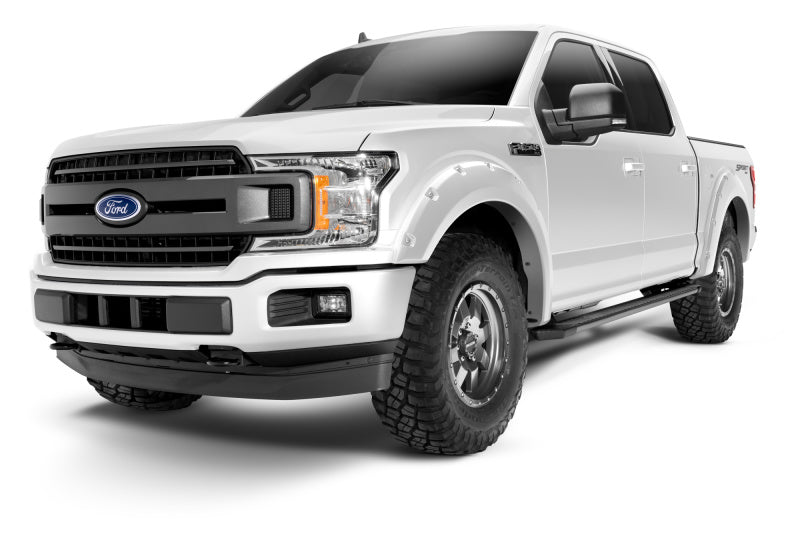 Front angle of Ford F-150 with Bushwacker Pocket Style Fender Flares, showcasing rugged design and enhanced clearance.