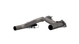 Close-up view of QTP Aggressor Cutout Pipes for 2010-2015 Chevrolet Camaro SS showcasing sleek pipes with integrated electronic components.