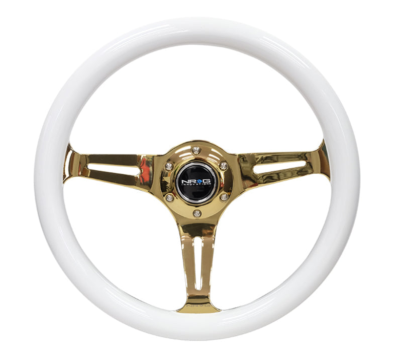 NRG Classic Wood Grain Steering Wheel (350mm) White Grip w/Chrome Gold 3-Spoke Center