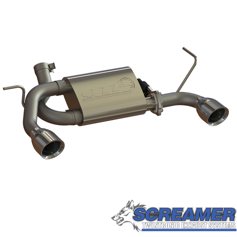 Premium QTP Screamer Axle Back Exhaust for the 2007-2018 Jeep Wrangler JK, featuring a sleek stainless steel finish and dual exhaust tips.