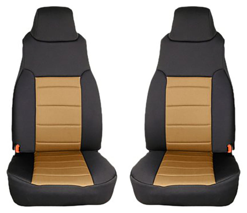 Rugged Ridge Neoprene Front Seat Covers for 97-02 Jeep Wrangler TJ, showcasing a stylish black and tan design for custom fit protection.