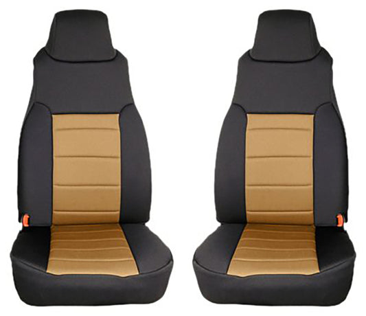Rugged Ridge Neoprene Front Seat Covers for 97-02 Jeep Wrangler TJ, showcasing a stylish black and tan design for custom fit protection.
