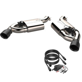 QTP Screamer Axle Back Exhaust for 2016-2024 Chevrolet Camaro SS, showcasing dual outlets, sleek design, and additional wiring kit for installation.