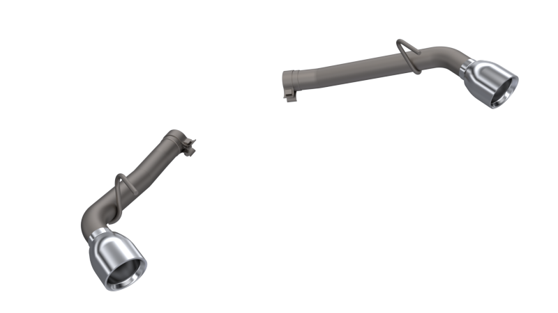 Sleek design of the 2014-2015 Chevrolet Camaro SS QTP Eliminator Muffler Delete Axle Back exhaust system, showcasing its shiny tips and sturdy construction.