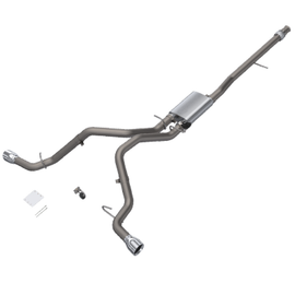 QTP Screamer Split Rear Exit Cat Back exhaust for 2014-2018 Silverado/Sierra, featuring a sleek design, stainless steel finish, and complete installation hardware.