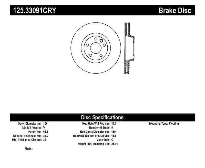 Centric Premium 03-18 Porsche Cayenne Front Right CRYO-STOP Rotor