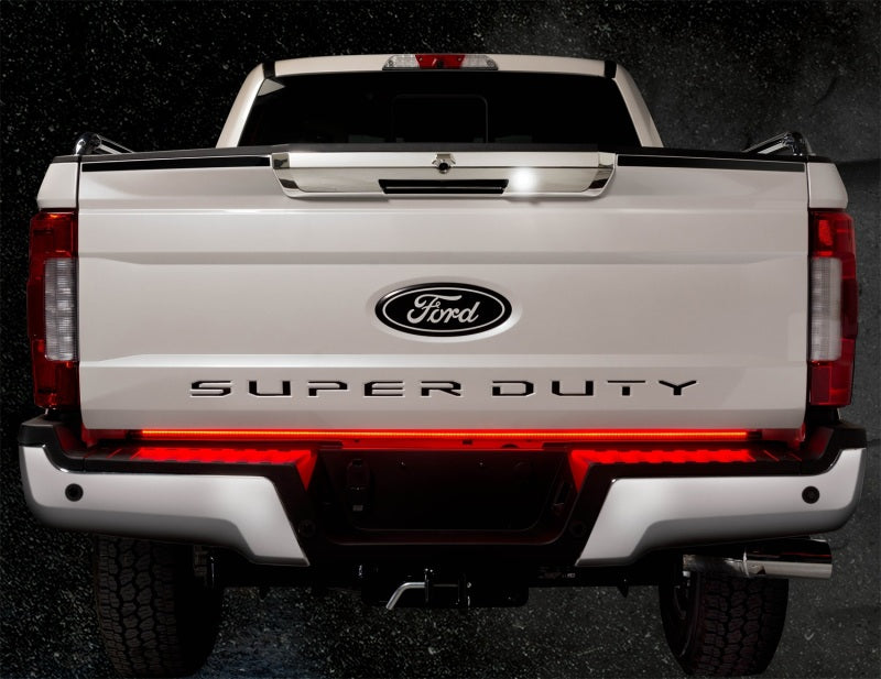 Ford Super Duty truck rear view showcasing the Putco 19-22 Ford Ranger 48in Light Blade Direct Fit Kit Red/Amber/White enhancing visibility.