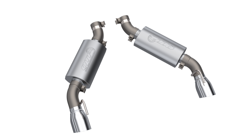 QTP 2016-2024 Chevrolet Camaro SS 6.2L AR3 Axle Back Exhaust highlighting polished stainless steel construction with dual outlets.