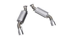 Load image into Gallery viewer, QTP 2016-2024 Chevrolet Camaro SS 6.2L AR3 Axle Back Exhaust highlighting polished stainless steel construction with dual outlets.