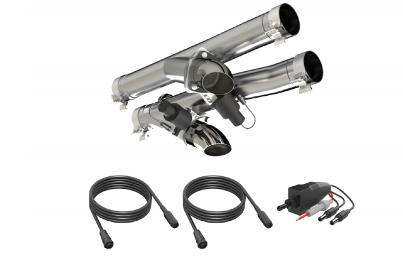 2021-2024 Ram TRX 6.2L Aggressor Cutout Pipe by QTP featuring exhaust pipes, control components, and wiring for easy installation.