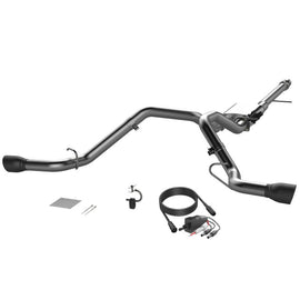 QTP Screamer Split Rear Exit Cat Back for 2014-2018 Silverado/Sierra with Black Tips, designed for a powerful exhaust note and sleek appearance.