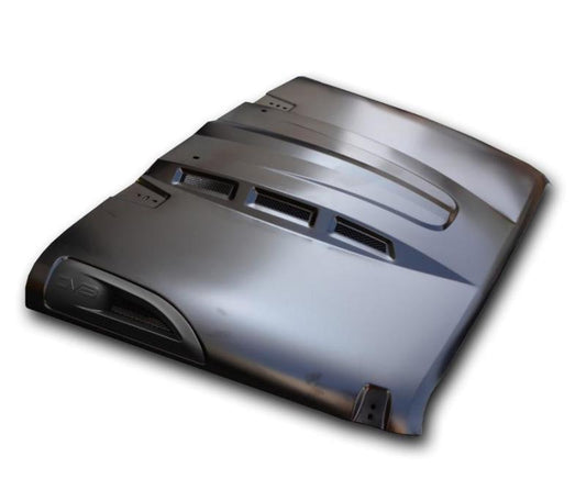 DV8 Offroad 07-18 Jeep Wrangler JK Metal Heat Dispersion Hood in primer black, showcasing its aggressive design.