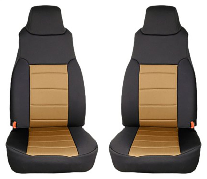 Rugged Ridge Neoprene Front Seat Covers for 97-02 Jeep Wrangler TJ in a sleek black and tan configuration, ideal for interior style and durability.