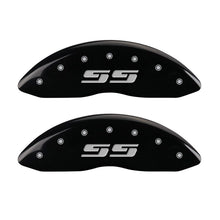 Load image into Gallery viewer, MGP 4 Caliper Covers Engraved Front &amp; Rear Silverado style/SS Black finish silver ch