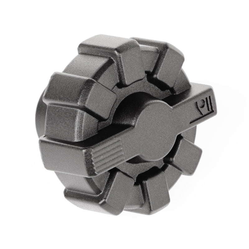 Rugged Ridge 01-19 Jeep Wrangler Black Elite Aluminum Fuel Cap, angled view highlighting the grip texture.