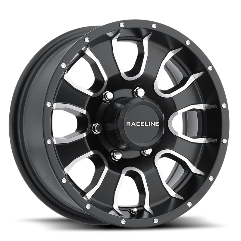 Raceline 860M Mamba 12x4in / 5x114.3 BP / 0mm Offset / 3.19mm Bore - Black & Machined Wheel