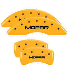 Load image into Gallery viewer, MGP 4 Caliper Covers Engraved Front &amp; Rear MOPAR Yellow finish black ch