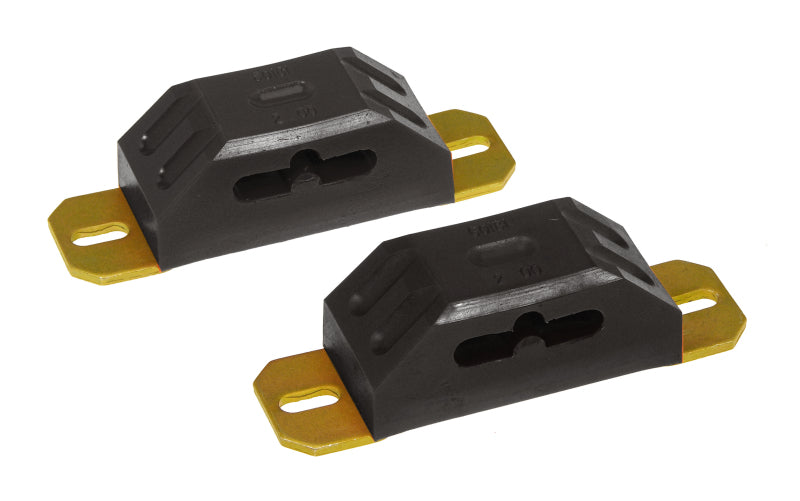 Prothane Universal Bump Stop 2 Multi-Mount in black, featuring a durable design with gold mounting brackets for enhanced suspension support.