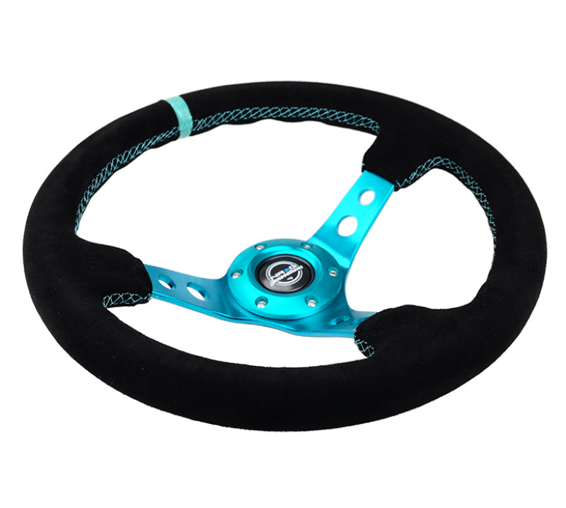 NRG Reinforced Steering Wheel (350mm/ 3in. Deep) Black Suede/ Teal Center Mark/ Teal Stitching