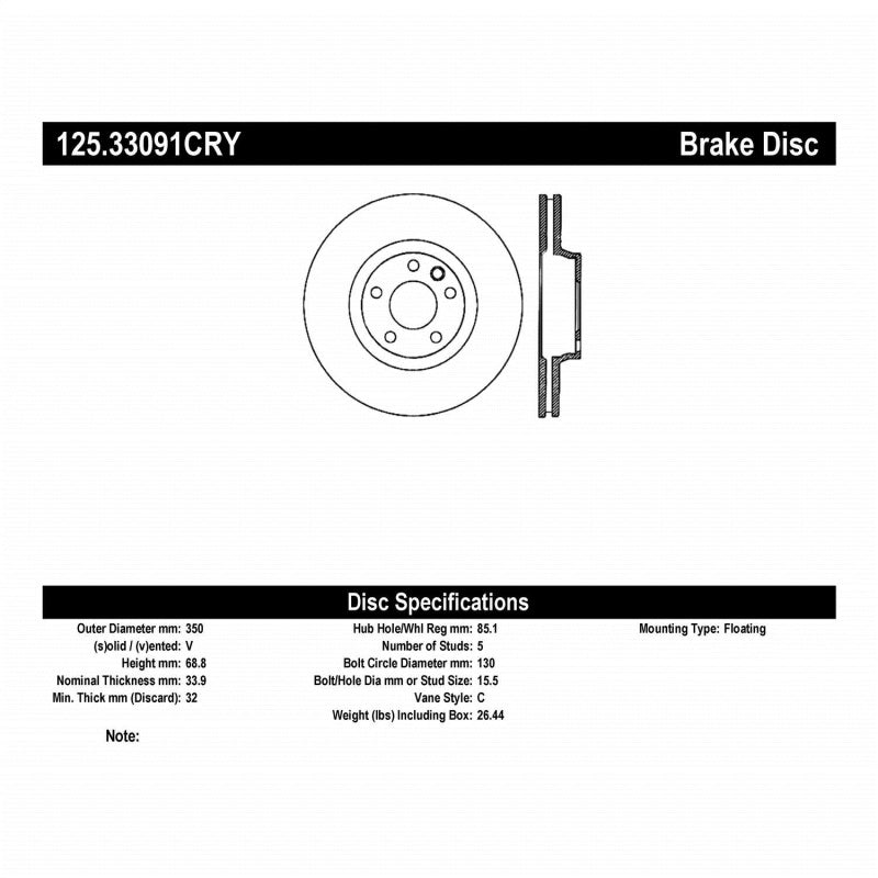 Centric Premium 03-18 Porsche Cayenne Front Right CRYO-STOP Rotor