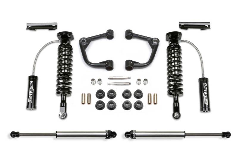 Fabtech 2WD 2-inch Uniball Upper Control Arm System for 2015-2020 Ford F150 including Dirt Logic shocks and components featured in an organized layout.