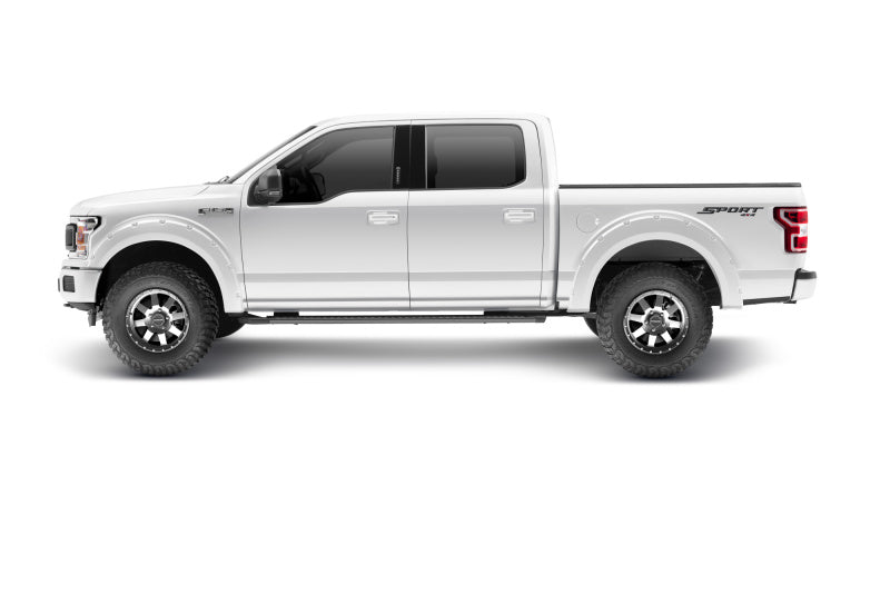 Bushwacker 18-19 Ford F-150 Pocket Style Flares: Side view of Ford F-150 with custom fender flares in Oxford White and modern wheel design.