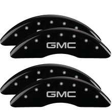 Load image into Gallery viewer, MGP 4 Caliper Covers Engraved Front &amp; Rear GMC Black finish silver ch