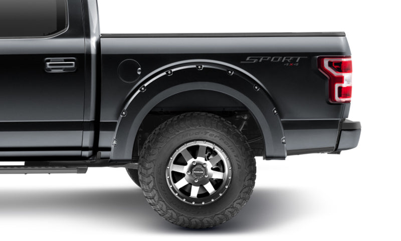 Bushwacker Pocket Style Fender Flares on a 2018-2019 Ford F-150, showcasing the sleek Shadow Black finish for enhanced style and protection.