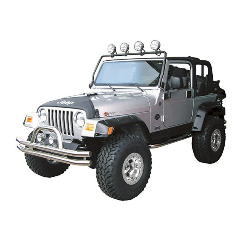 Rugged Ridge 97-06 Jeep Wrangler TJ Black Full Frame Light Bar and a silver Jeep Wrangler showcasing off-road accessories including rooftop lights.