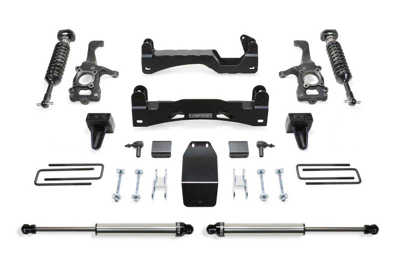 Fabtech 6-inch Performance Suspension System parts for 2015-2020 Ford F150 4WD, showcasing heavy-duty components designed for rugged performance.