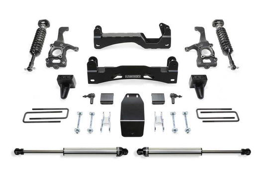 Fabtech 6-inch Performance Suspension System parts for 2015-2020 Ford F150 4WD, showcasing heavy-duty components designed for rugged performance.