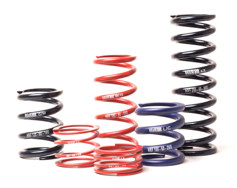 A variety of H&R 60mm ID race springs, showcasing multiple colors and lengths, including single race springs with a length of 120mm and a spring rate of 80 N/mm, designed for high performance in motorsport.