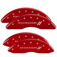 Load image into Gallery viewer, MGP 4 Caliper Covers Engraved Front &amp; Rear With stripes/Dodge Red finish silver ch