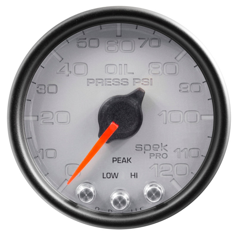 AutoMeter Gauge Oil Press 2-1/16in. 120PSI Stepper Motor W/Peak & Warn Slvr/Blk Spek