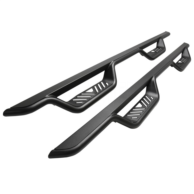 Westin Outlaw Nerf Step Bars for Ford F-150 SuperCrew and F-250/F-350 Crew Cab, highlighting the sleek black finish and ease of access for passengers.