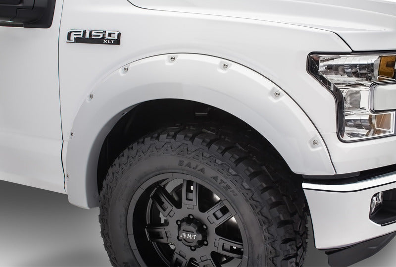 Bushwacker 18-19 Ford F-150 Pocket Style Flares in Oxford White on a Ford F-150 XLT, showcasing the sleek design and durability of the fender flares.
