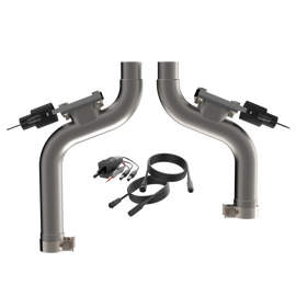 QTP 2015-2017 Ford Mustang GT Aggressor Cutout Pipes featuring durable 2.5-inch stainless steel construction, complete with necessary wiring for easy installation.